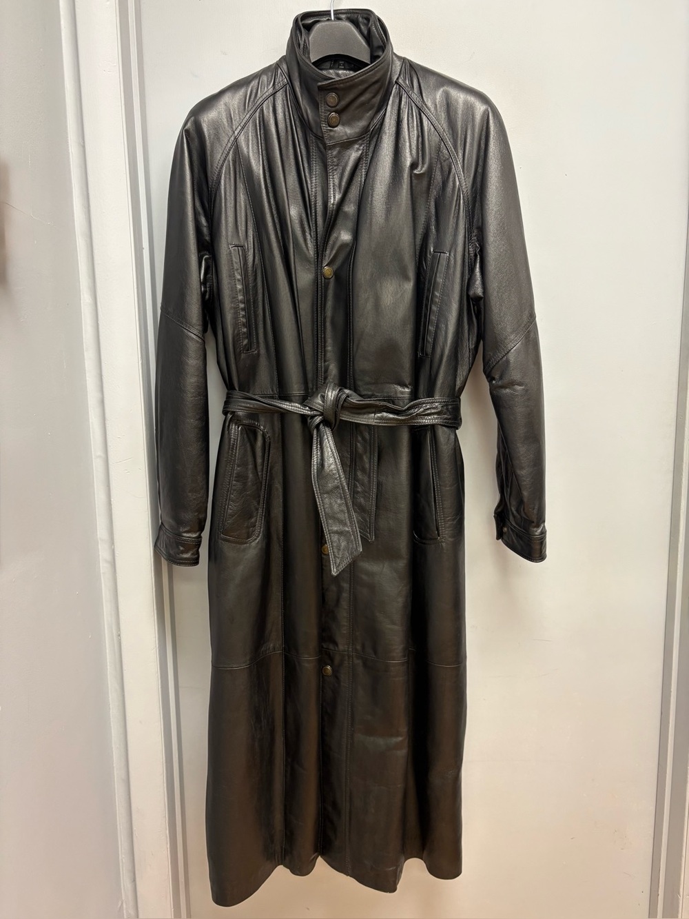 Charles Klein Black Leather Trench Coat Removable Liner Belted Long Coat XL